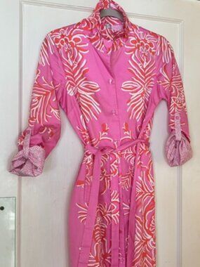 Patty Kim Pink Coral Floral Belted Shirt Dress XS 100% Cotton
